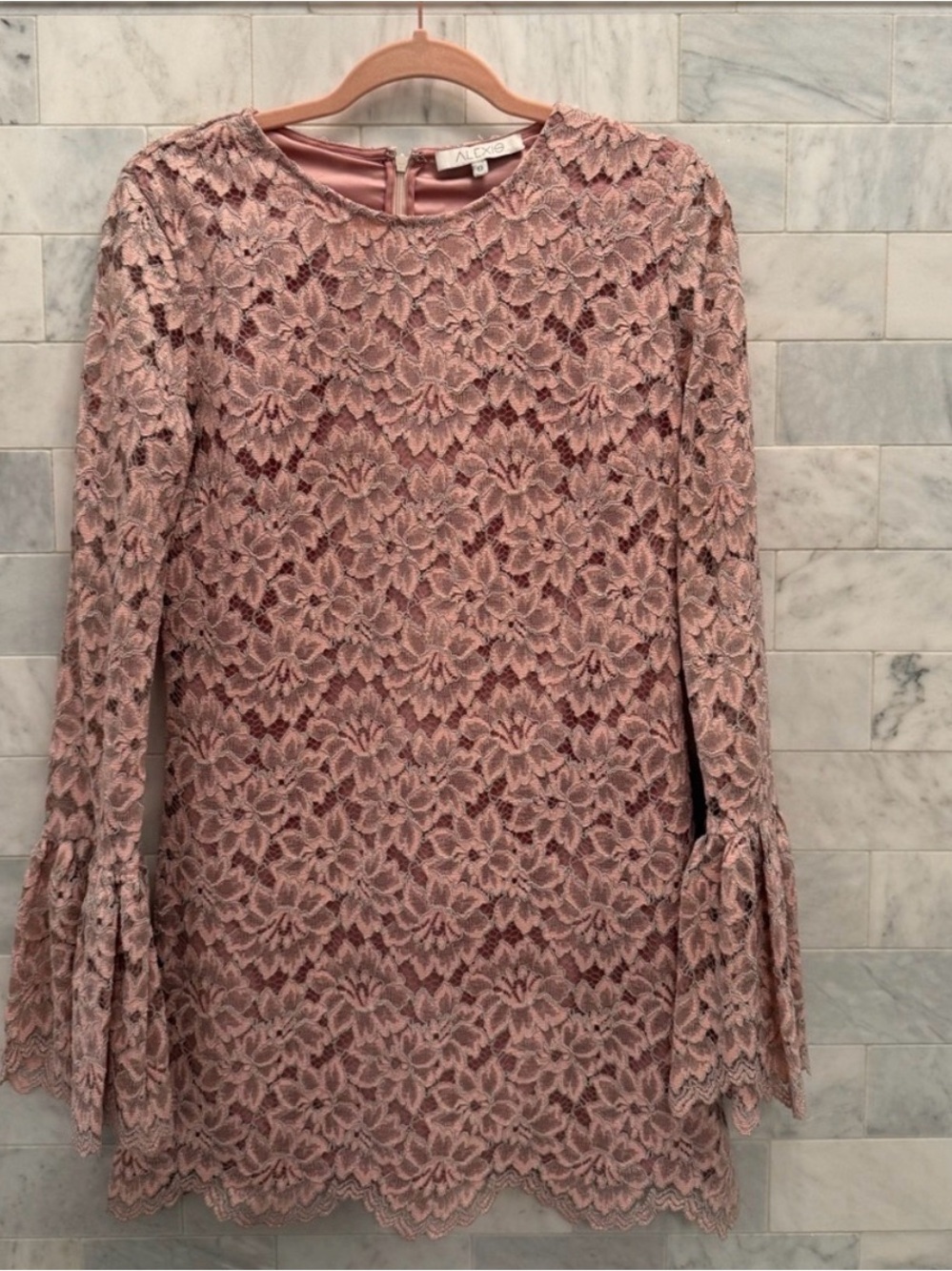 ALEXIS lace bell-sleeve dress (ballet pink & silver)